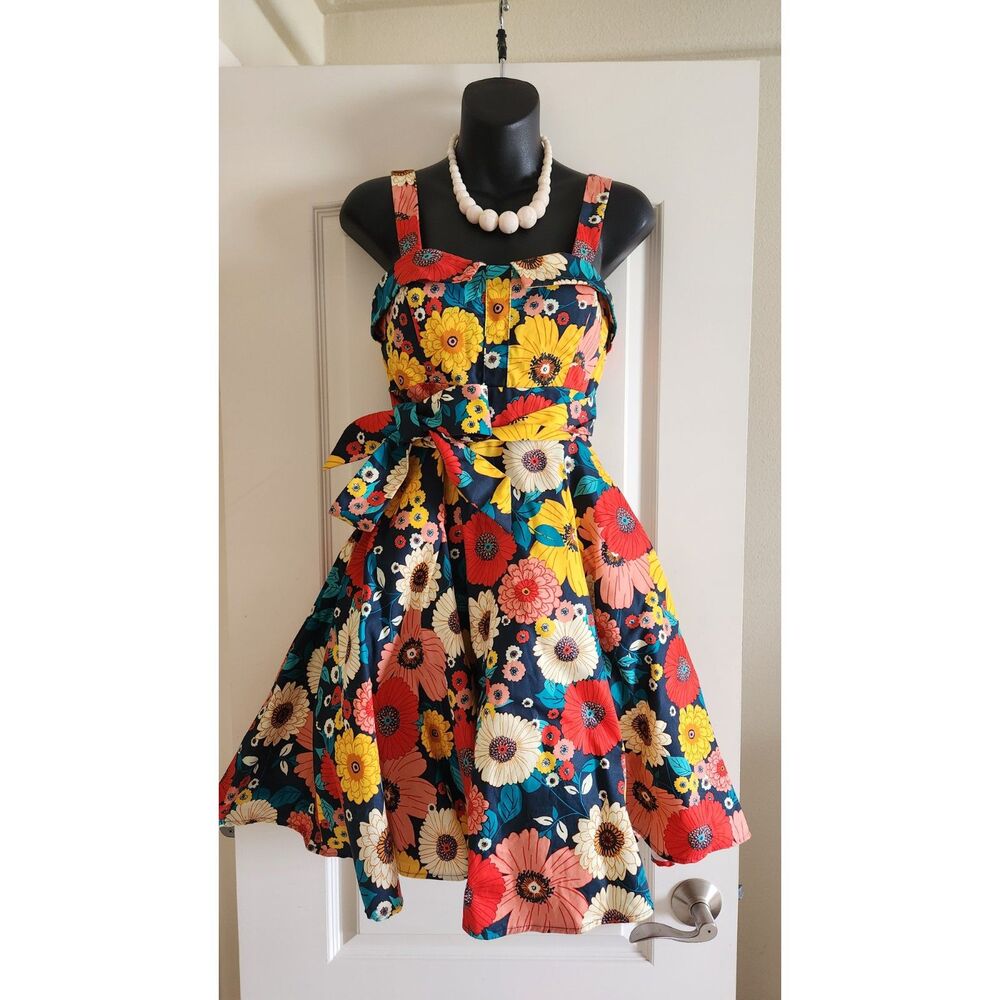 Eva Rose Modcloth Cotton Spandex Multicolor Floral Sleeveless Belted Dress Sz S